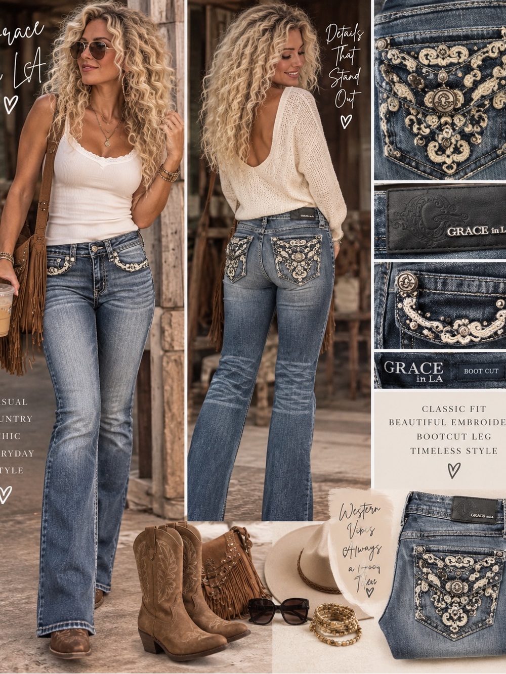 Grace in LA Bootcut Jeans 27 Embroidered Rhinestone Western Y2K Boho